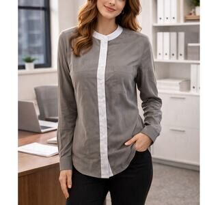 Soft Surroundings women's gray button front blouse sz Medium L/S Mandarin collar